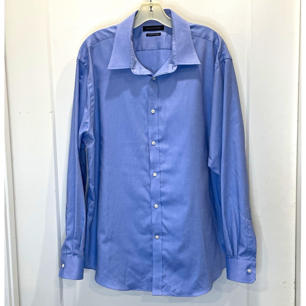 Tommy Hilfiger Mens Shirt Blue Button Up Business Casual Office 17.5 34/35